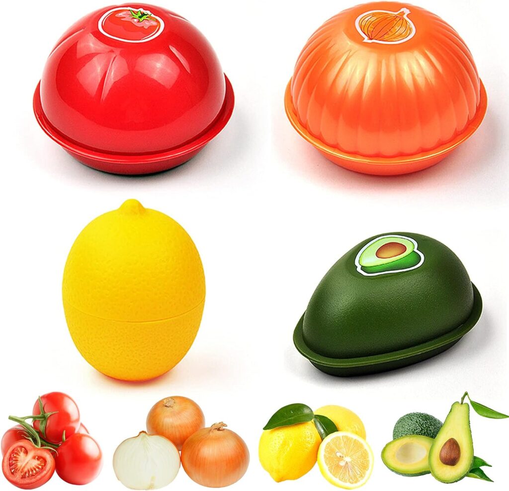 4 Pack Fruit and Vegetable Storage Containers Set for Fridge, Avocado Saver Onion Storage Container Tomato and Lemon Keeper 