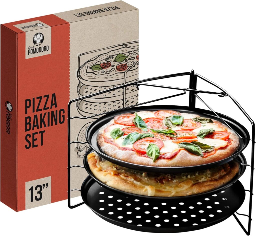 Chef Pomodoro Pizza Baking Set with 3 Pizza Pans & Pizza Rack, 13-Inch, Non-stick Pizza Stand & Pizza Tray for Oven, Grill, Pizza Pan with Holes, Perforated Pizza Pan for Oven, Barbeque 