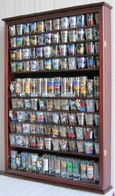 144 Shot Glass Display Case Holder Cabinet with Mahogany Finish