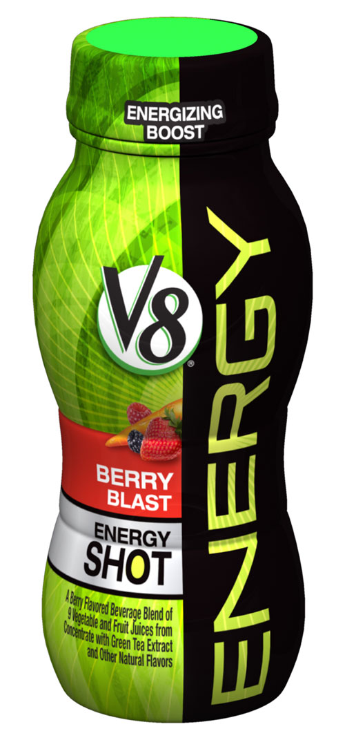 V8 Energy Shots are a naturally powered shot of 100 percent vegetable and fruit juices combined with green tea extract, which provides natural caffeine comparable to an 8-ounce cup of the leading premium coffee. They are available at participating convenience stores, supermarkets and drugstores in Colorado, Florida and Minnesota. 
