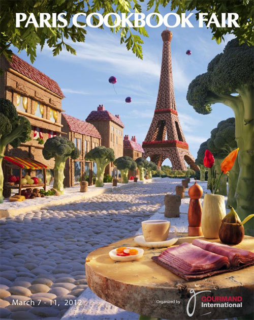 British "Foodscapes" photographer Carl Warner has created the poster for "Paris Cookbook Fair 2012".