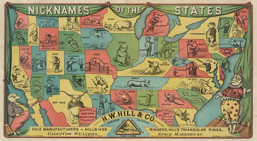 Nicknames of the States according to H.W. Hill & Co. Decatur Illinois sole manufacturer of Hill's hog ringers. Date Created/Published: c1884. Click on image to see a larger version.