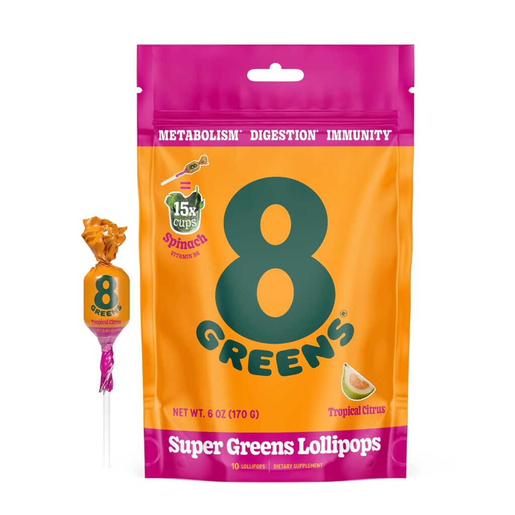 8Greens Supergreens Lollipops | Super Greens Suckers, Greens Powder, Gluten-free, Vegan, Non-GMO Natural Tropical Citrus flavor, 10 Count 