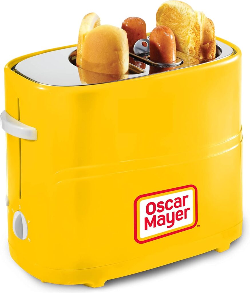 
Oscar Mayer 2 Slot Hot Dog and Bun Toaster with Mini Tongs, Hot Dog Toaster Works with Chicken, Turkey, Veggie Links, Sausages and Brats, Yellow -- Nostalgia
