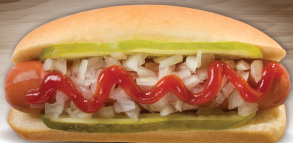 Ketchup on a hot dog.