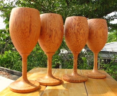 Set of 4 pieces Fantastic of Handmade Thai Art Wooden Wine Glasses Made With Coconut Wood.
