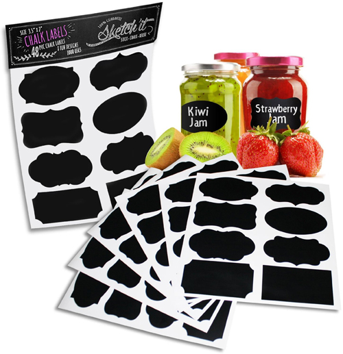 Chalkboard Labels Set (6 Sheet Pack) - 48 Reusable Premium Quality Black Decorative Adhesive Stickers in 8 Unique Designs