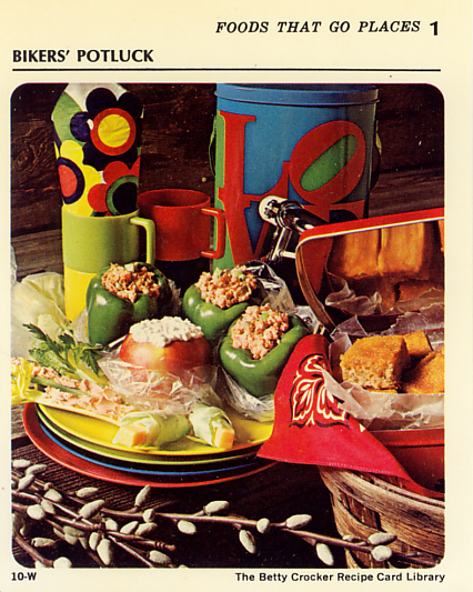 Betty Crocker 1971 recipe card Bikers' Potluck -- Foods That Go Places