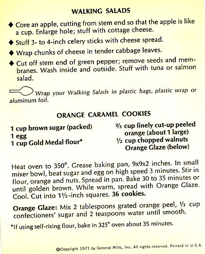 Betty Crocker 1971 recipe card Bikers' Potluck -- Foods That Go Places -- Walking Salads and Orange Caramel Cookies