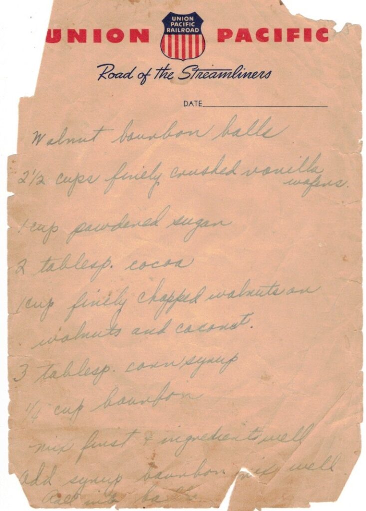 Handwritten found recipe for Walnut Bourbon Balls written on vintage Union Pacific stationery