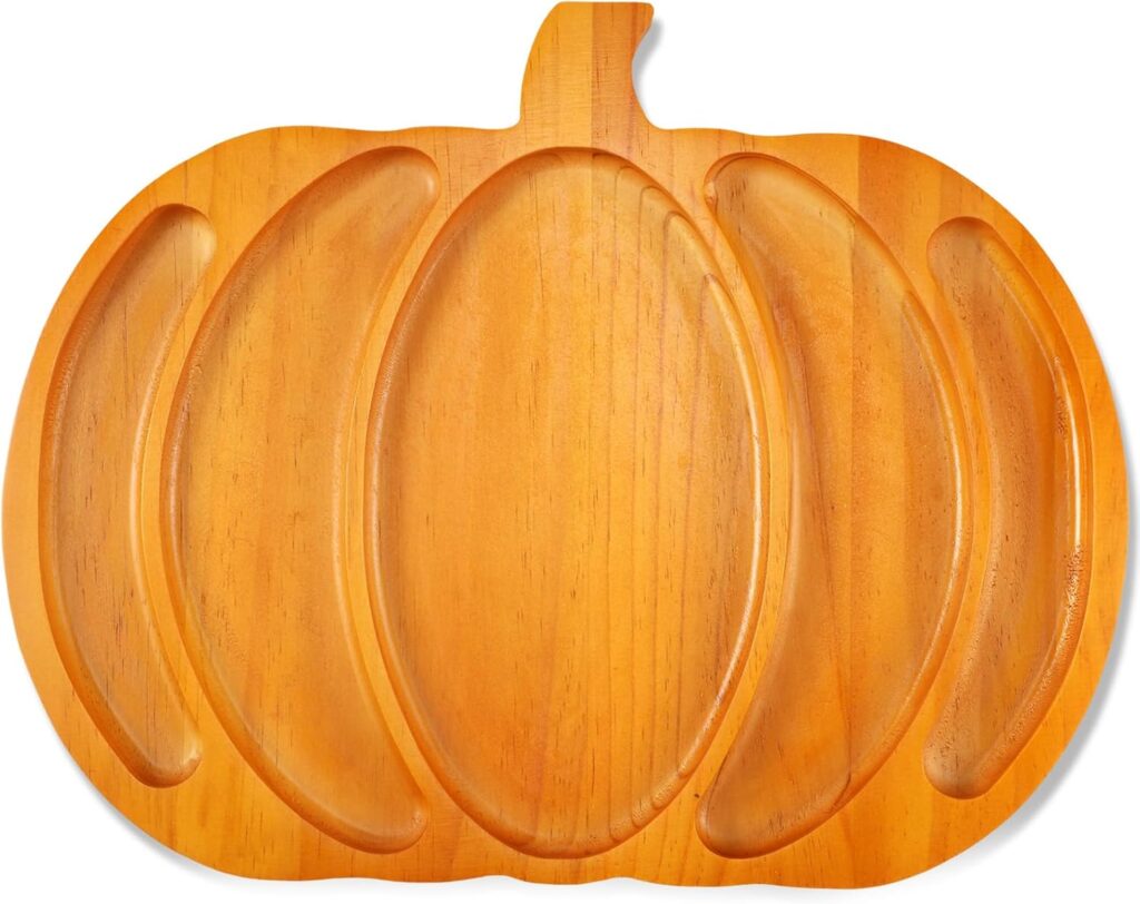 Sliner Fall Harvest Large Pumpkin Wooden Serving Platter 15x12 In Rustic Pumpkin Snack Fruit Meat Cheese Board Rustic Angle Shape Charcuterie Board Sectional Dish Plate for Thanksgiving(Brown)