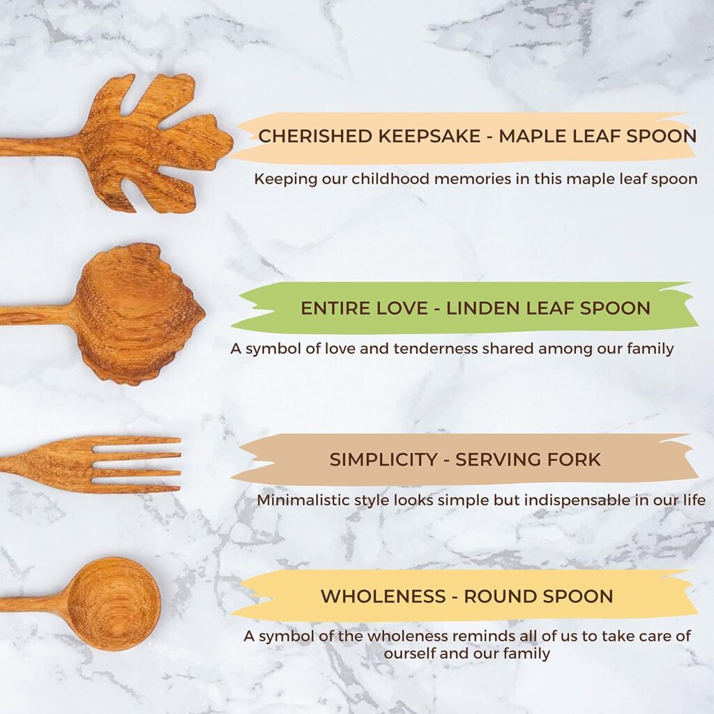 This beautiful wooden spoon and fork set is the perfect choice - a meaningful kitchen gifts for your beloved who loves cooking . The wooden utensils includes 4 wood spoons with various shapes: 2 leaves spoons for salad greens, 1 soup spoon, and 1 fork. They are carved by skillful artisans in around 4 hours per piece. 